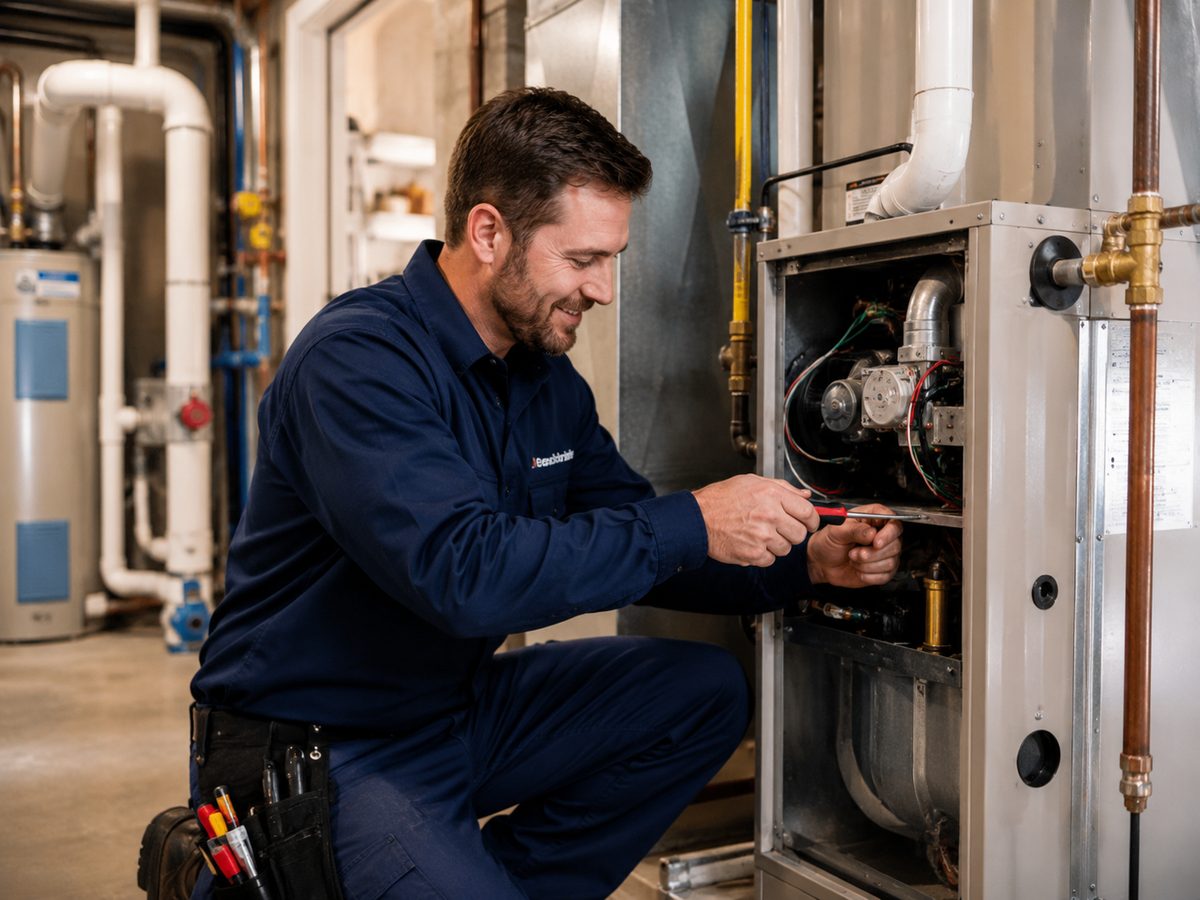 Technician servicing furnace